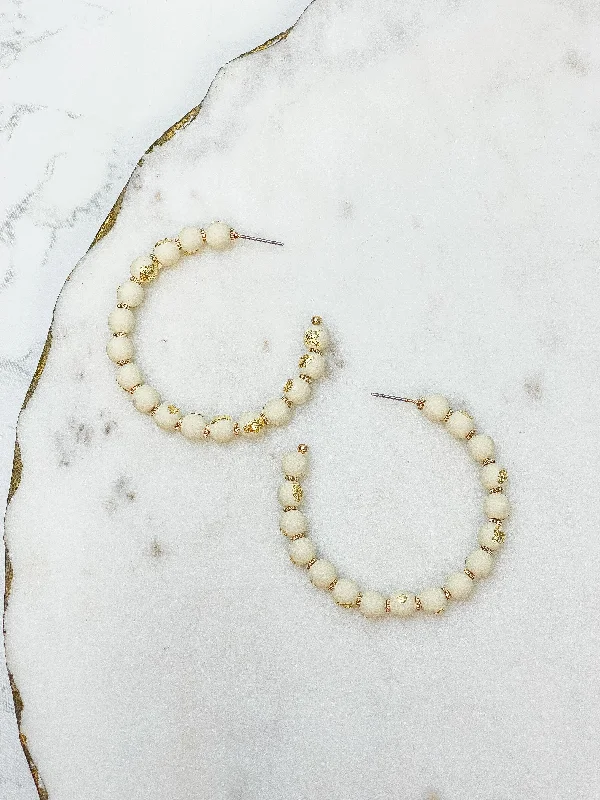 Gold-Foiled Beaded Hoop Earrings - Ivory