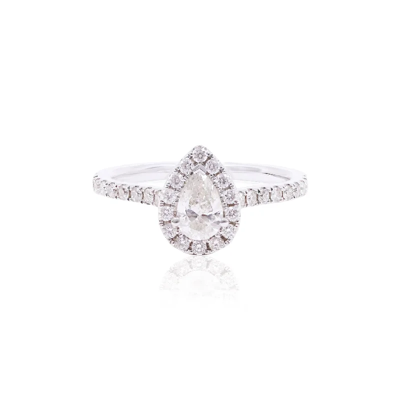 14K WHITE GOLD 0.52CT PEAR-SHAPE DIAMOND HALO ENGAGEMENT RING WITH DIAMOND ACCENTS 0.37CTW