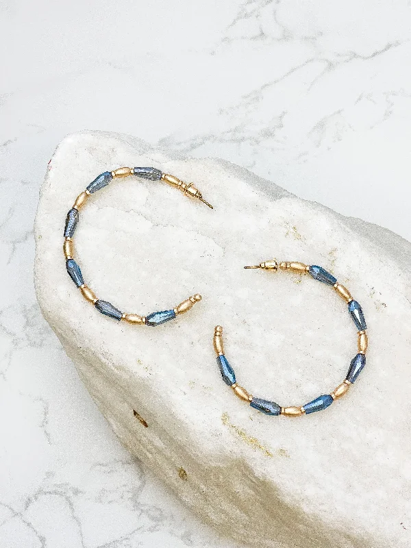 Gold Beaded Skinny Hoop Earrings - Navy