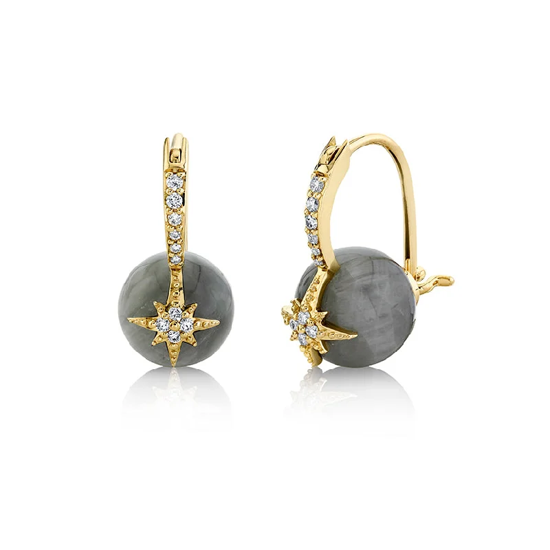 Gold & Diamond Starburst Grey Cat's Eye Earrings