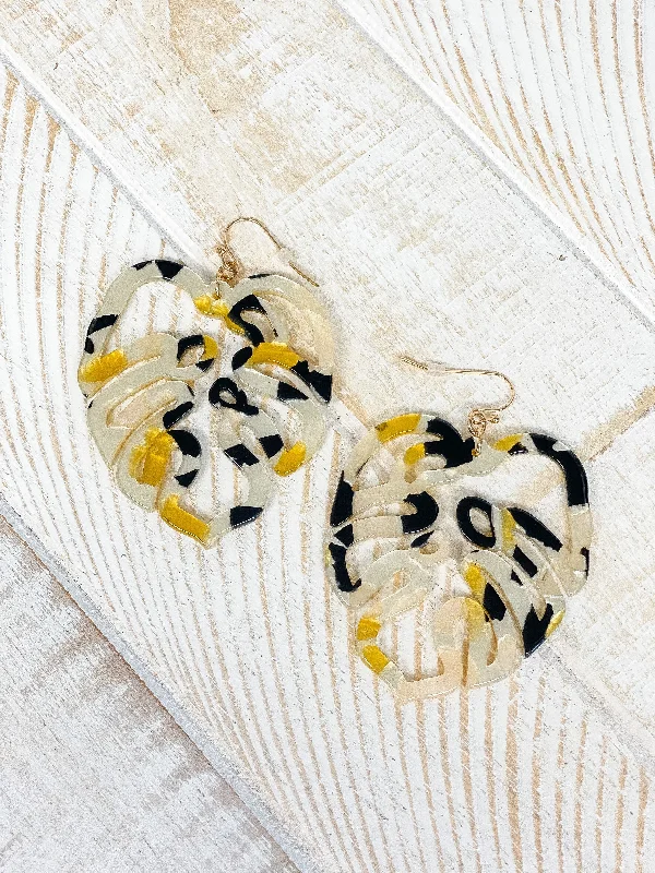 Acrylic Palm Leaf Dangle Earrings - Beige Multi