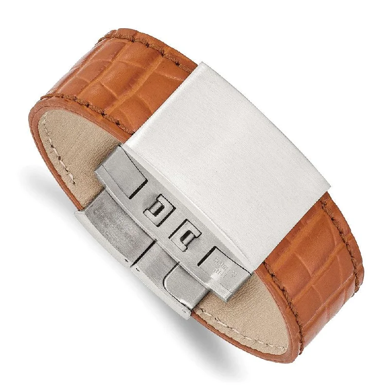 Stainless Steel Satin Textured Light Brown Leather 8in ID Bracelet