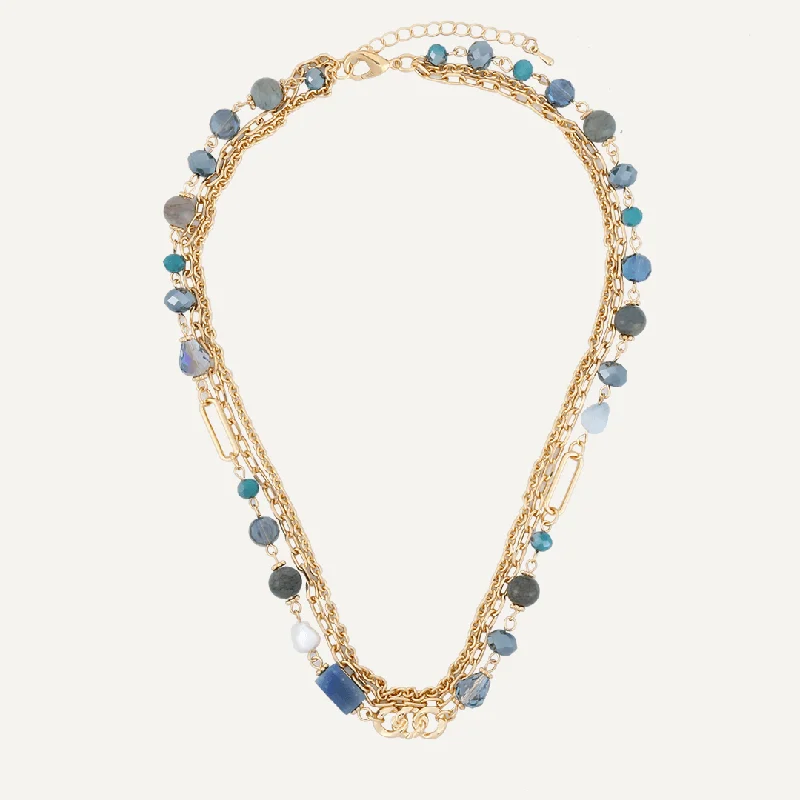 Blue Crystal & Natural Stone Multi-Layer Short Necklace In Gold-Tone