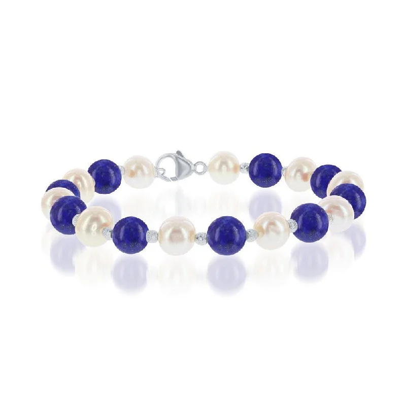 Sterling Silver FWP and Blue Lapis Alternating Bracelet, 7.5"