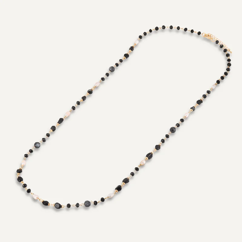 Black Semi-Precious Stone, Crystal & Fresh Water Pearls Long Necklace In Gold-Tone