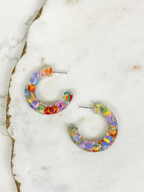 Colorful Clear Resin Hoop Earrings - Multi