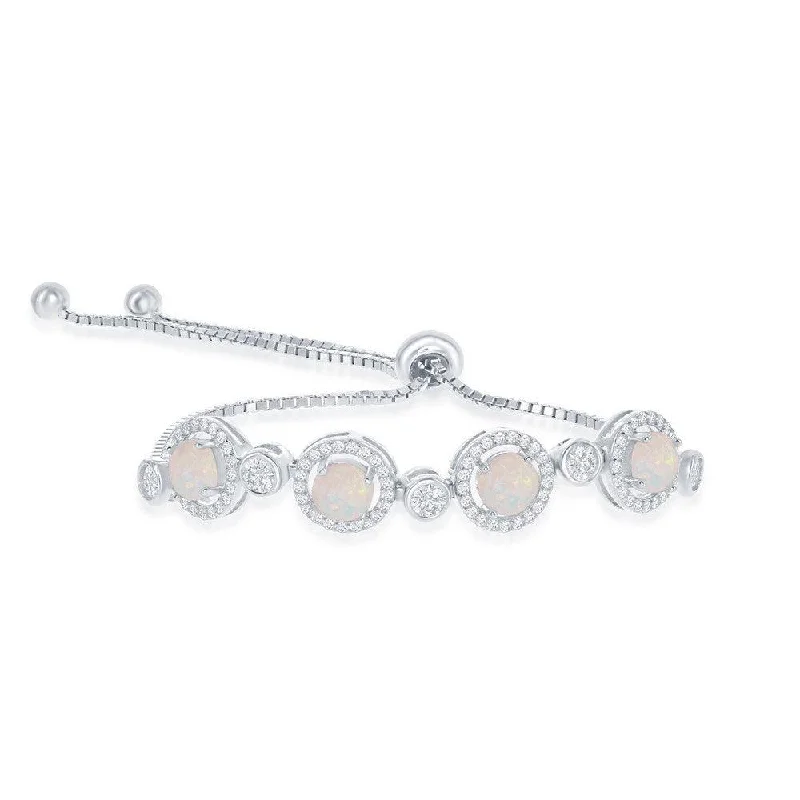 Sterling Silver Bezel-Set CZ and White Opal Bolo Bracelet