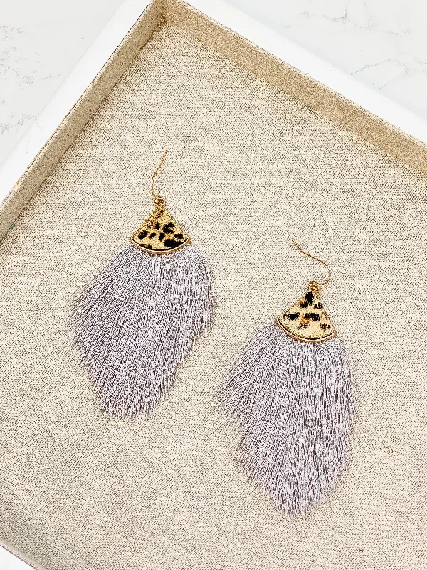 Leather Tassel Leopard Detail Earrings - Grey