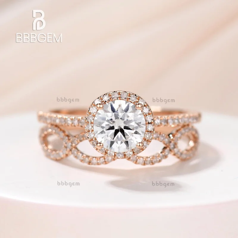 1 Carat Round Moissanite Wedding Sets 14k Rose Gold Diamond Bridal Ring Loop Infinity Stacking Matching Band