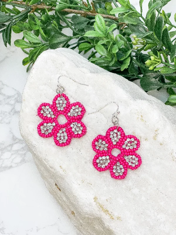 Glitzy Flower Beaded Dangle Earrings - Hot Pink