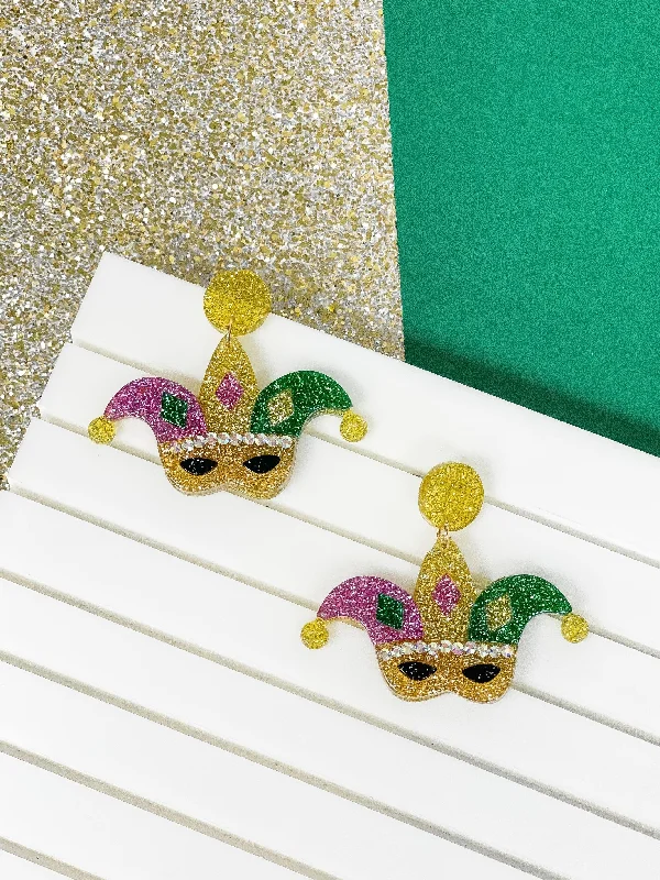 Shimmer Mardi Gras Mask Dangle Earrings