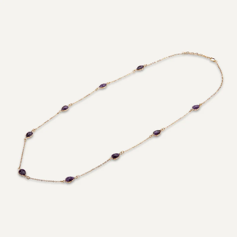 Long Amethyst Multi Crystal Necklace In Gold-Tone