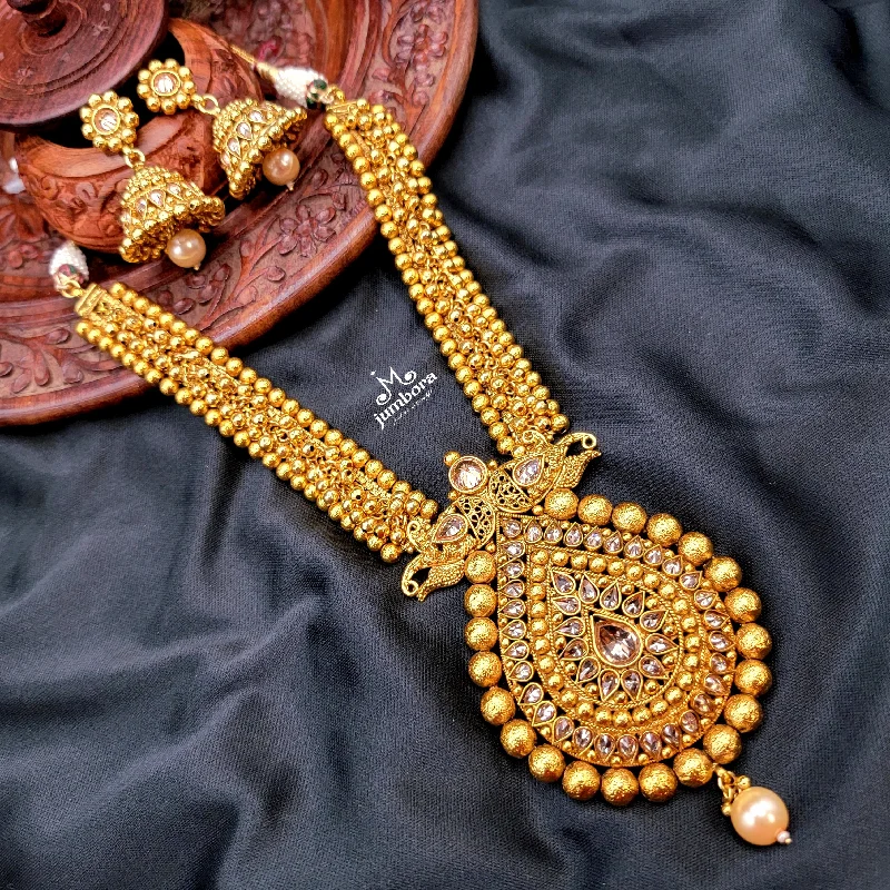 Antique Gold Statement Necklace Set with Gungroo gold beads and LCD Stones