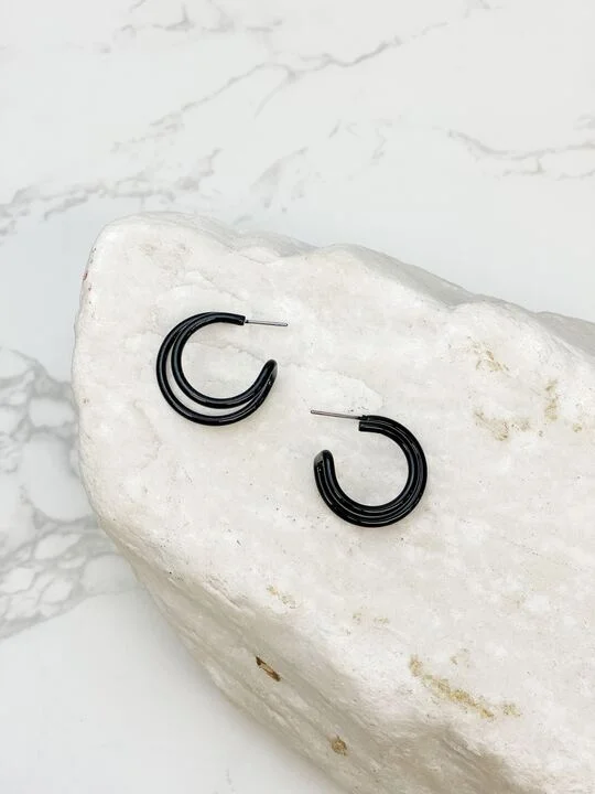 Enamel Double Open Hoop Earrings - Black