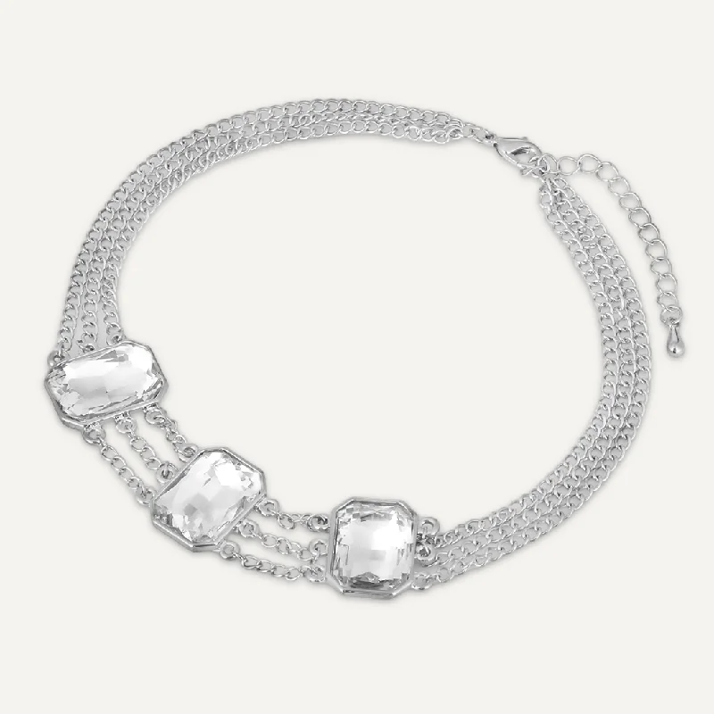 Multi-Row Crystal Necklace In Silver-Tone