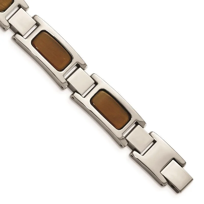 Stainless Steel Polished with Tiger's Eye 8.5in Bracelet