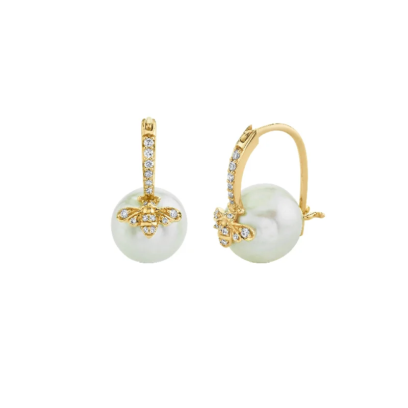 Gold & Diamond Bee Pearl Earrings