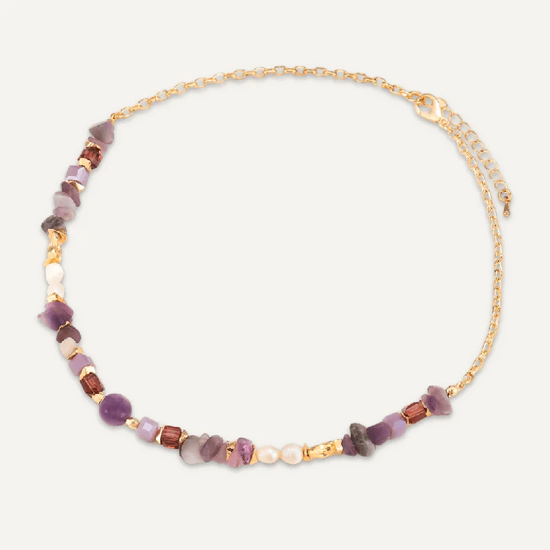 Purple Semi-Precious Stone, Crystal, Fresh Water Pearl Short Necklace In Gold-Tone