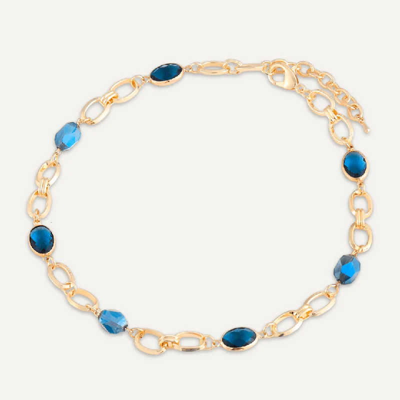 Mixed Cut Blue Crystal Short Necklace In Gold-Tone