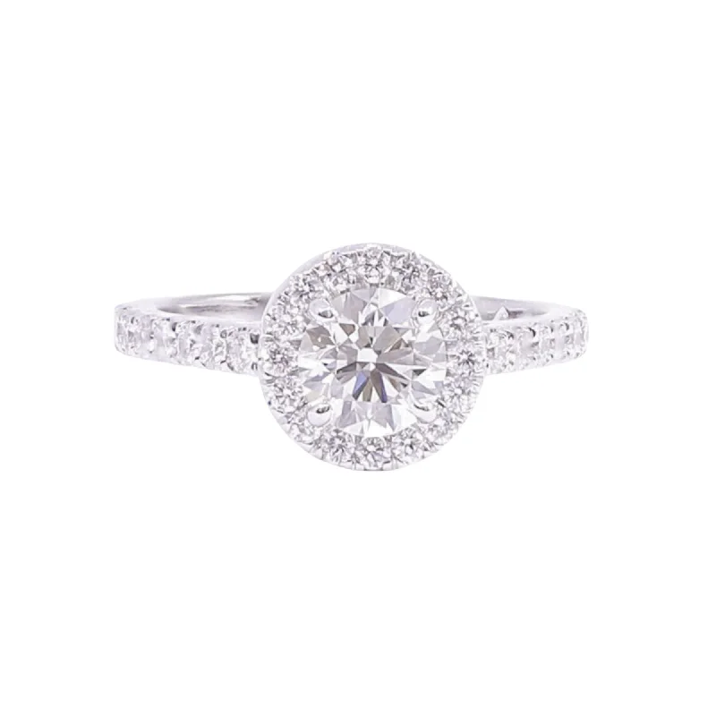 14K WHITE GOLD MICRO PAVE DIAMOND HALO ENGAGEMENT RING WITH A ROUND BRILLIANT CENTER 1.01CT