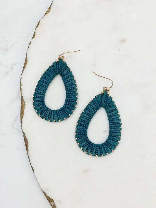 Oval Raffia Beaded Dangle Earrings - Teal