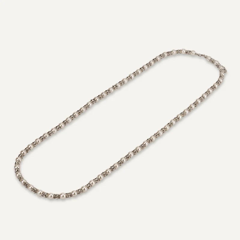 Mother Of Pearl Crystal Long Necklace In Silver-Tone