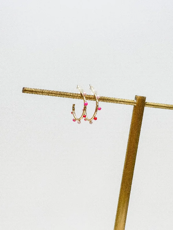 Petite Enamel Studded Hoop Earrings - Pink