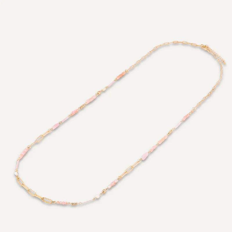 Pink Semi-Precious Stone Long Necklace In Gold-Tone