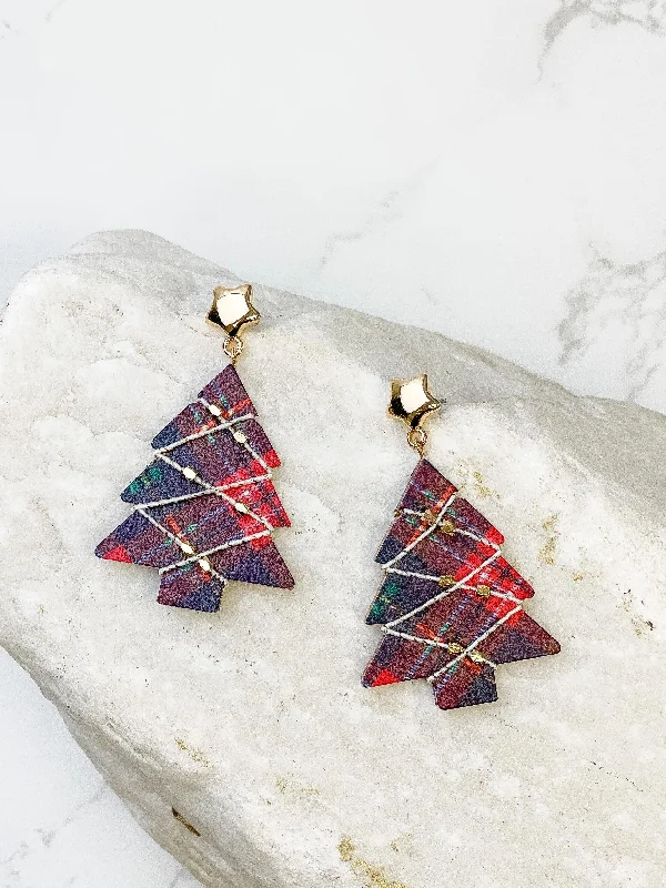 Red Plaid Printed Tree Dangle Earrings