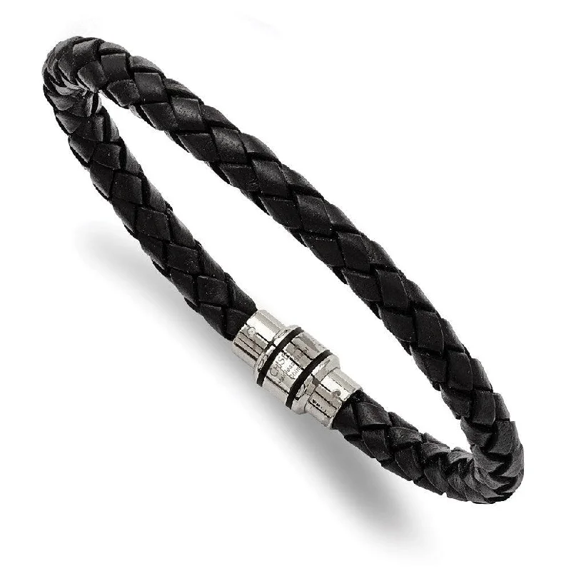 Stainless Steel Polished Black IP-plated Black Woven Leather Bracelet