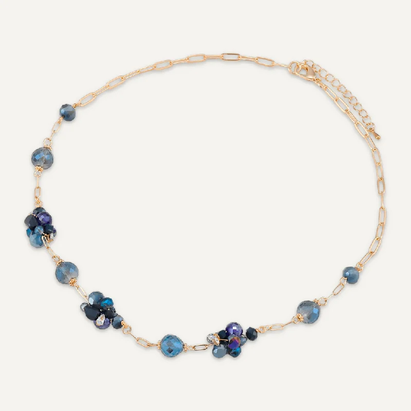 Blue Crystal Cluster Short Necklace In Gold-Tone