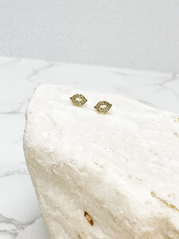 Cubic Zirconia Pave Lip Stud Earrings - Gold