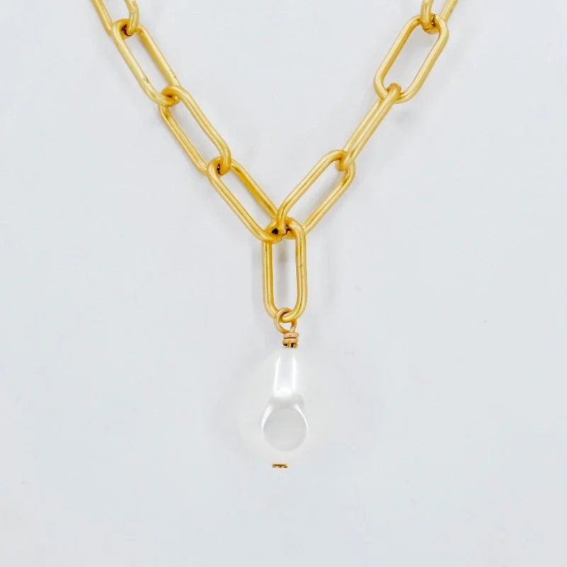 Pearl Drop Necklace, Chunky Paperclip Chain