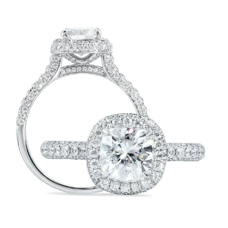 14k White Gold 1.5ct 7mm Cushion Cut Diamond Halo Engagement Ring