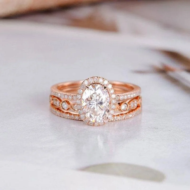 14k Rose Gold 1.5ct Oval-Cut Diamond Halo Engagement Ring Set