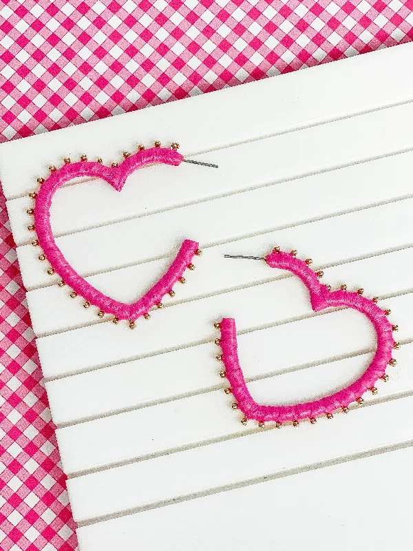 Raffia Wrapped Gold Stud Heart Hoops - Pink