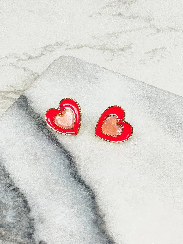 Heart-In-Heart Resin Stud Earrings - Red