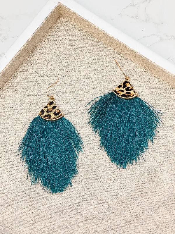 Leather Tassel Leopard Detail Earrings - Teal