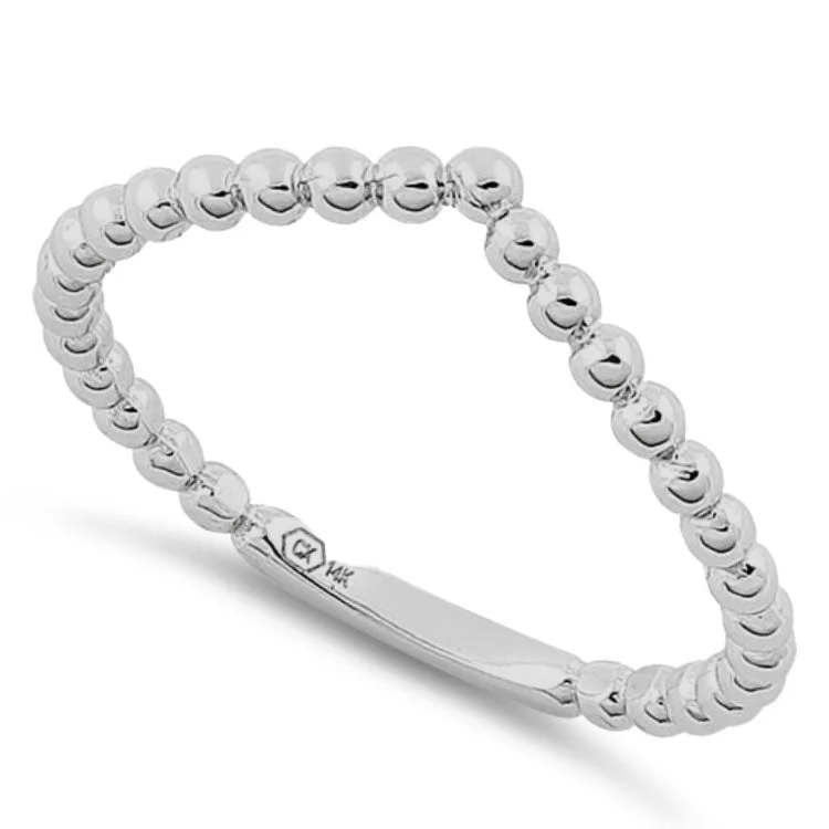 Solid 14K White Gold Beaded V Shape Ring