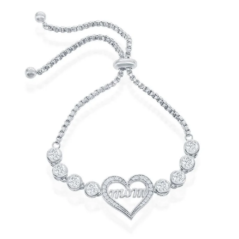 Sterling Silver Center "Mom" Heart with Linked Bezel CZ Bracelet