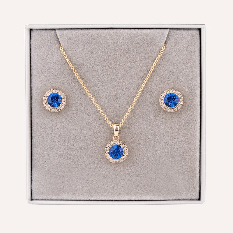 September Sapphire-Colour Birthstone Necklace & Earring Set In Gold-Tone