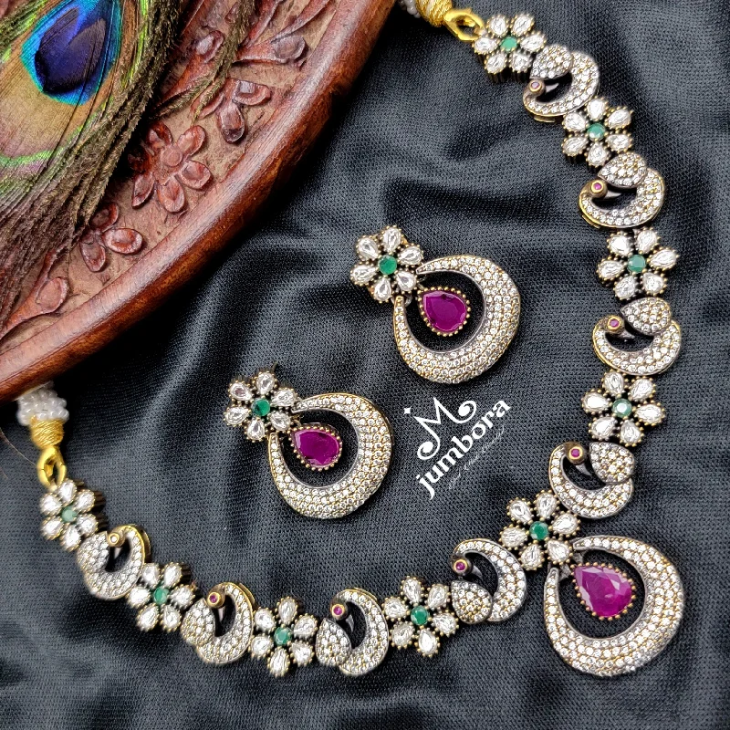 White, Green & Ruby Red AD Zircon Peacock Floral Victorian Necklace