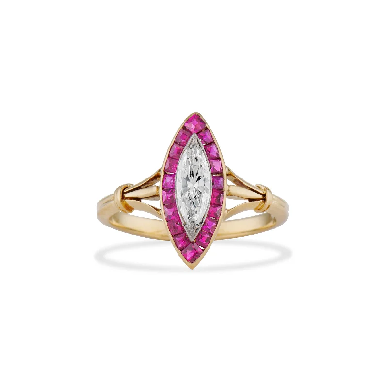 Belle Epoque Marquise Diamond and Ruby Ring