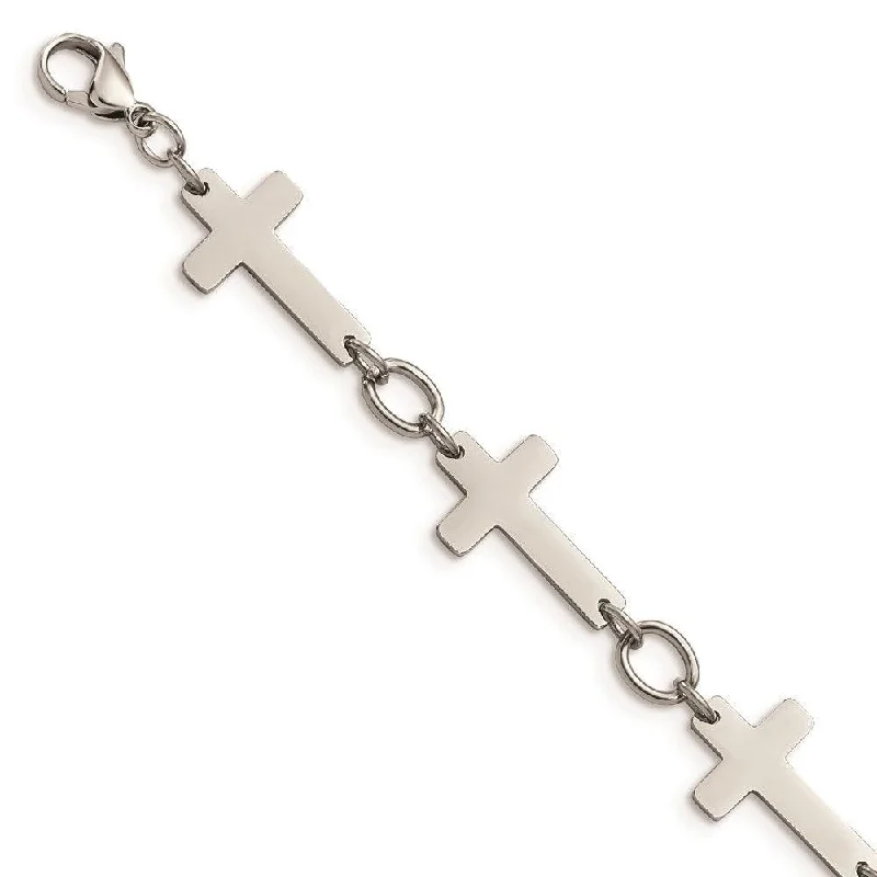 Stainless Steel Polished Sideways Cross 8in Bracelet