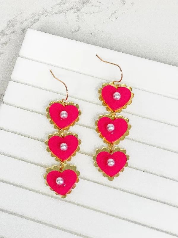 Pearly Heart Trio Dangle Earrings - Hot Pink