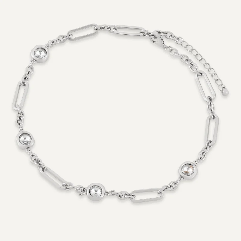 Short Contemporary Crystal Chain-Link Necklace In Silver-Tone