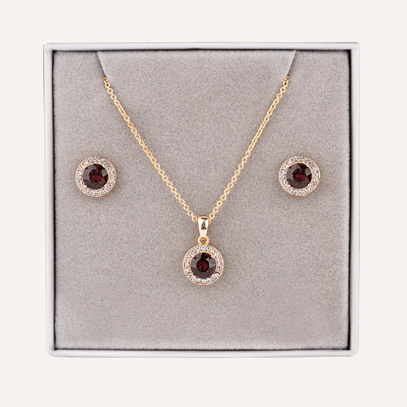 January Garnet-Colour Birthstone Necklace & Earring Set In Gold-Tone