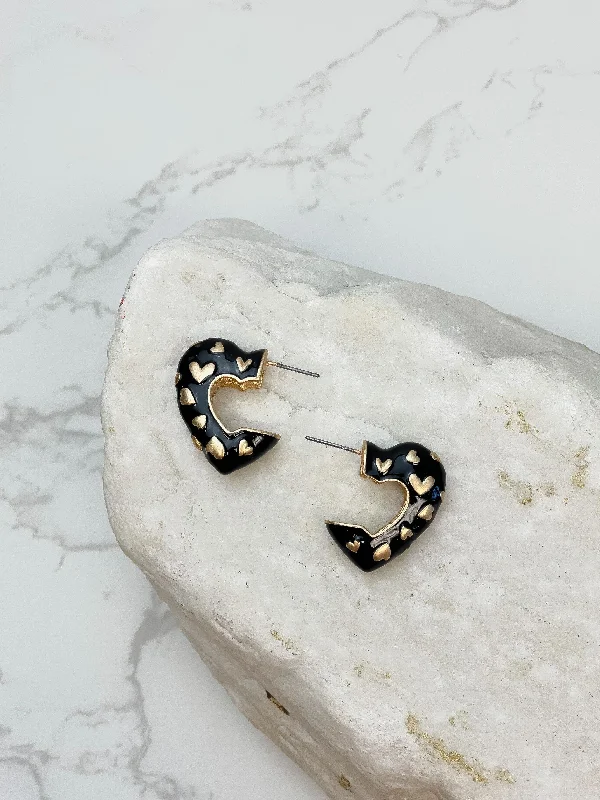 Enamel Heart Gold Mini Hoop Earrings - Jet