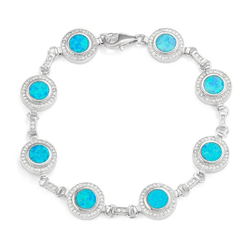 Sterling Silver Round Blue Opal with Micro Pave CZ Bracelet