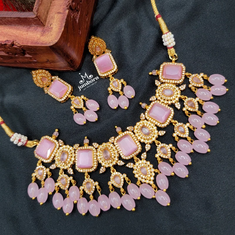 Pink Uncut Diamond Look AD Choker Style Kemp Necklace Set